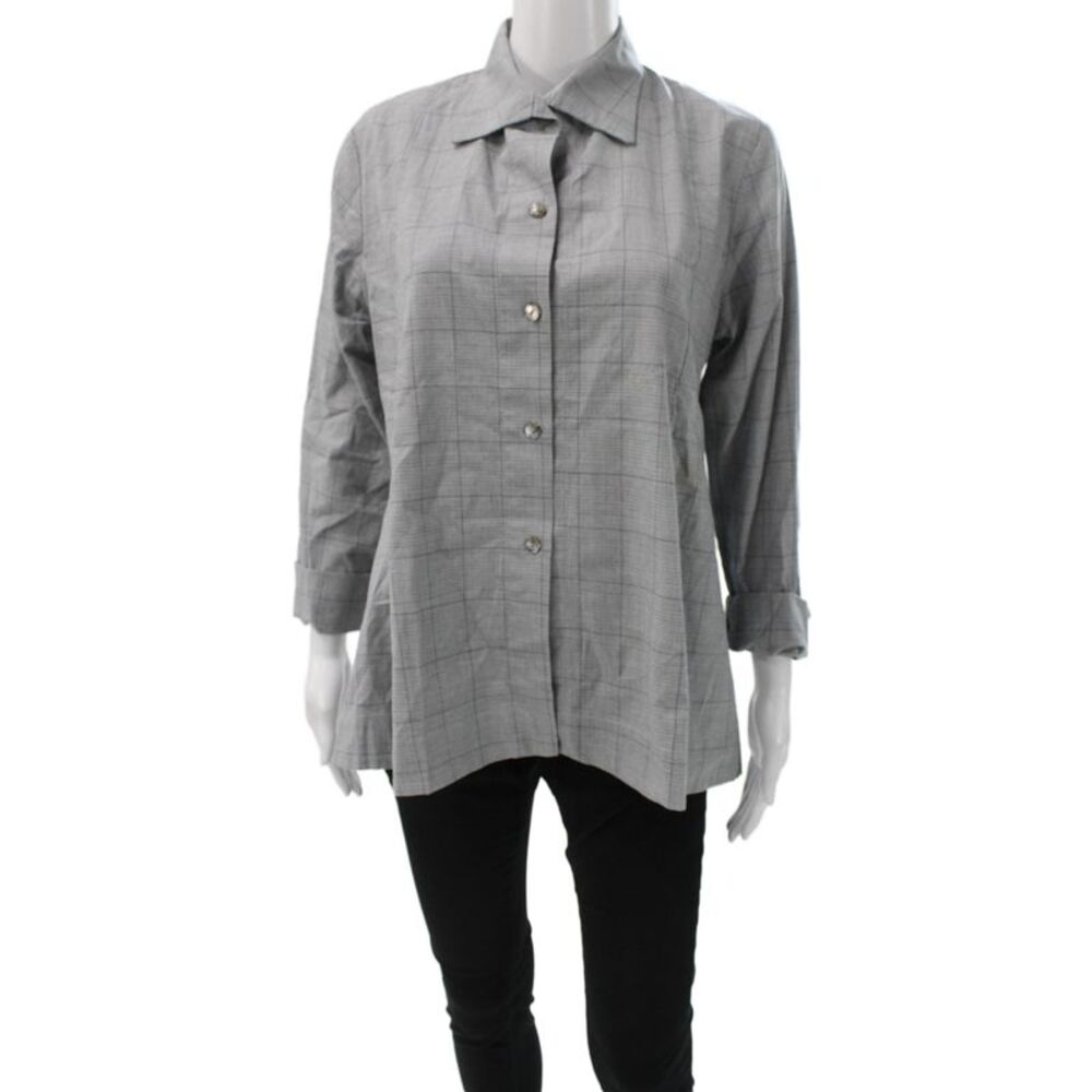 Vitamin Women Tunic Button-Up Gray Plaid Collared Cotton Long Sleeve Size M